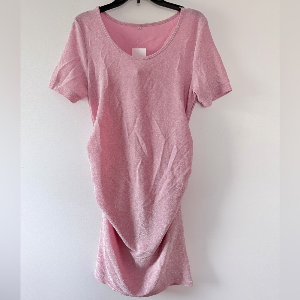 Sparkly Glitter Pink Spring Maternity Dress Baby Shower Expecting A Girl NWT L - Picture 1 of 5